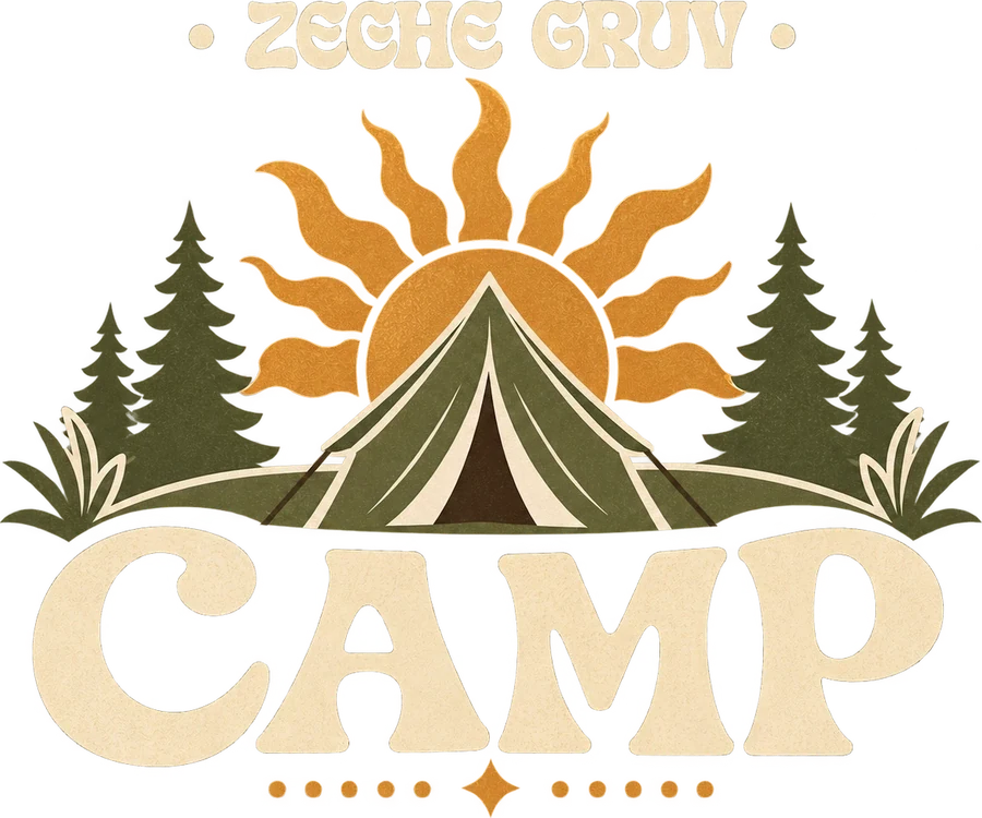 Logo de ZECHE GRUV Camp: una carpa entre pinos con un sol detrás